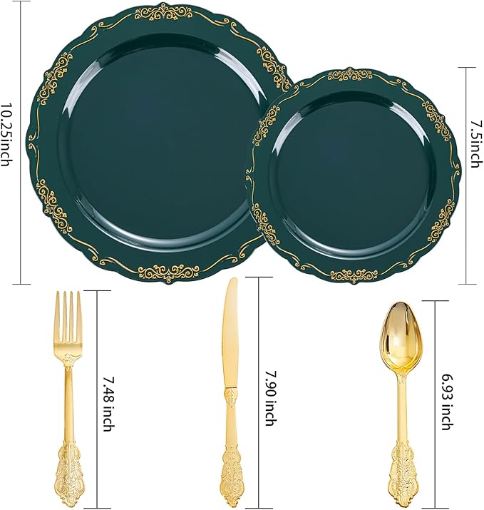 DaYammi 150Pcs Green Plastic Plates with Gold Silverware,Green Disposable Plates for Party include 30 Dinner Plate,30 Dessert Plate,90 Gold Plastic Cutlery,green gold plate for St. Patrick's Day Party