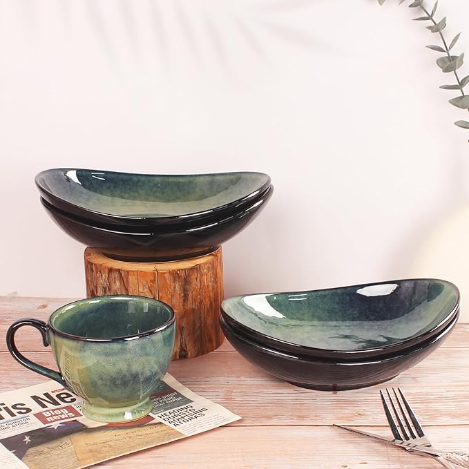 Ceramic Serving Platters Set of 4, 12.1 Inch Curved Oval Salad Plates for Entertaining, Modern Kitchen Dishes, Trays for Dinner, Fruit, Salad, Pasta, burgers - Dishwasher Microwave Safe