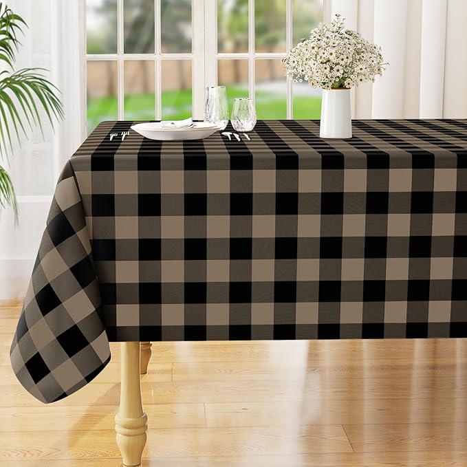 misaya Rectangle Waterproof Vinyl Table Cloth, Buffalo Flannel Backed Tablecloth, Wipeable Plastic Table Cover for Dinner, Kitchen, Outdoor (52" x 70", Black and Khaki)
