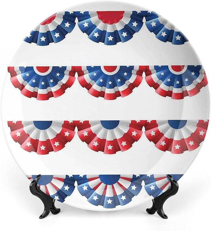 Decorative Plates, American Flag Decor Print Ornament, Flag Round Bunting Election Ornament Pattern, 6 Inch, Kitchen Wall Decor, Blue Red