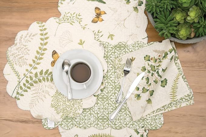 C&F Home Althea Round Placemat, Set Of 4, 17'' X 17'' Spring Butterfly Plants Fern Green White Damask Cotton Quilted Placemat Tabletop Round Placemat Set of 4 Green