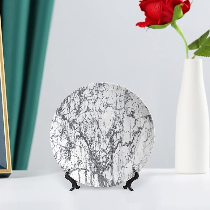 Ceramic Plates, Abstract Decorative Ceramic Plates, Murky Marble Rock Motifs Dynamic Fractal, 10 Inch, Household Plates Decorative, Grey White