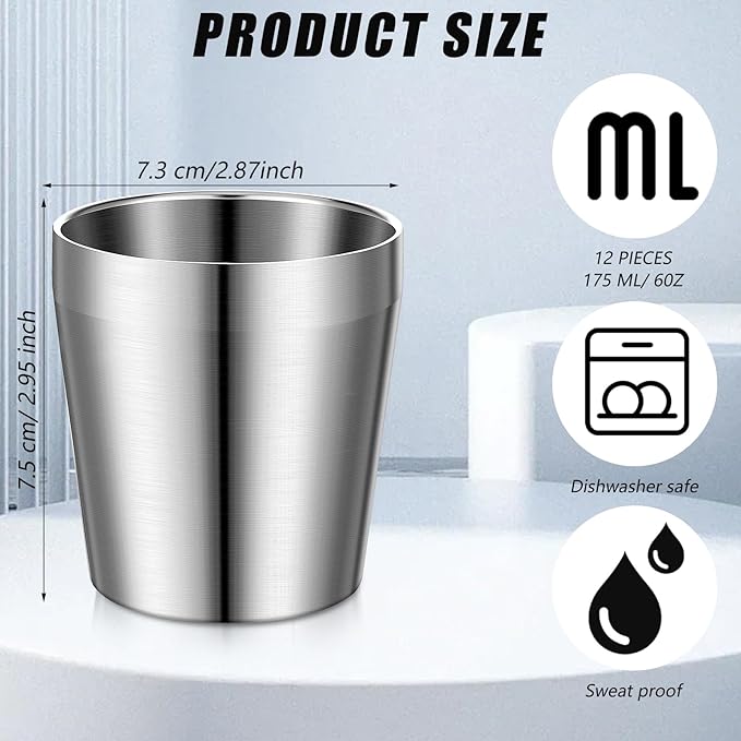 12 Pieces 6 oz Stainless Steel Cups Double Wall Insulated Tumblers Glasses Reusable Stackable Mugs Silver Travel Cups Metal Drinking Cups for Adult Home Party BBQ Camping Outdoor