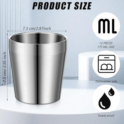 12 Pieces 6 oz Stainless Steel Cups Double Wall Insulated Tumblers Glasses Reusable Stackable Mugs Silver Travel Cups Metal Drinking Cups for Adult Home Party BBQ Camping Outdoor