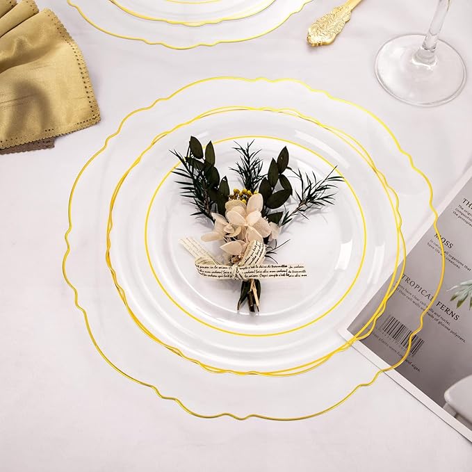 WDF 100pcs Clear Disposable Plastic Plates With Gold Trim - Baroque Clear Gold including 50PCS Dinner Plates 10.25inch and 50PCS Salad Plates 7.5inch for Wedding Birthday Valentine's Day