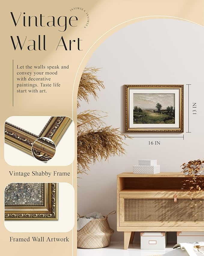 InSimSea Gold Picture Framed Wall Art, Living Room Bedroom Bathroom Vintage Wild Field Valley Canvas Print Wall Decor, Home Farmhouse Decor, Antique Paintings with Frames 13x16inch