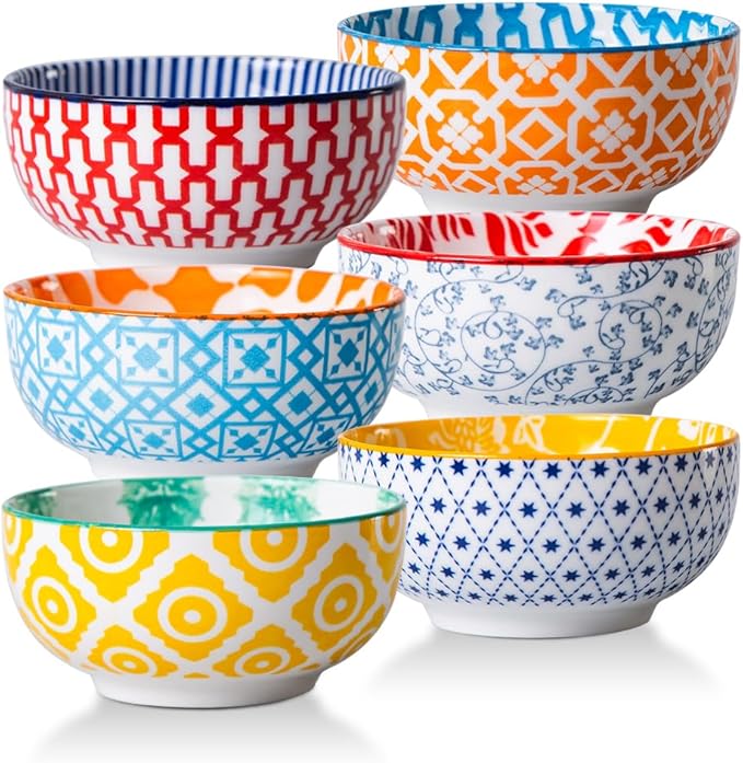 Ceramic Dipping Bowls Set - Mini 4 Oz Dessert Bowls - Small 3.5 Inch Porcelain Bowls for Side Dishes, Snack, Yogurt, Appetizer - Microwave Dishwasher Safe - Set of 6 - Assorted Colors