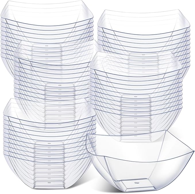 Tanlade 50 Pcs Square Plastic Serving Bowls Disposable Snack Salad Bowl Small Party Candy Bar Containers Taco Bar Serving Dishes for Buffet Chips Fruit(4 oz,Clear)
