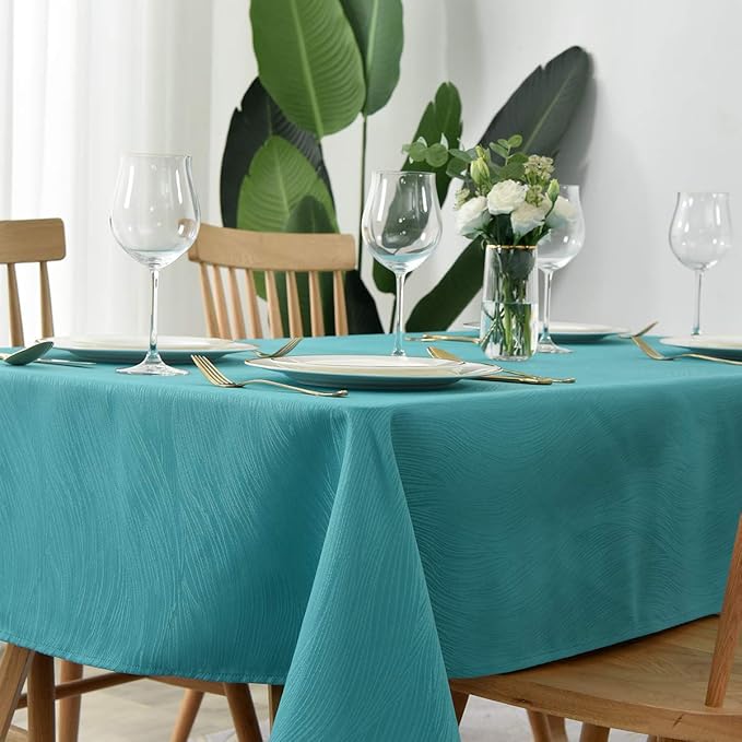 maxmill Jacquard Table Cloth Swirl Design Water Resistant Wrinkle Resistance Water Proof Heavy Weight Soft Tablecloth for Kitchen Dinning Tabletop Decoration Oblong 60 x 140 Inch Teal