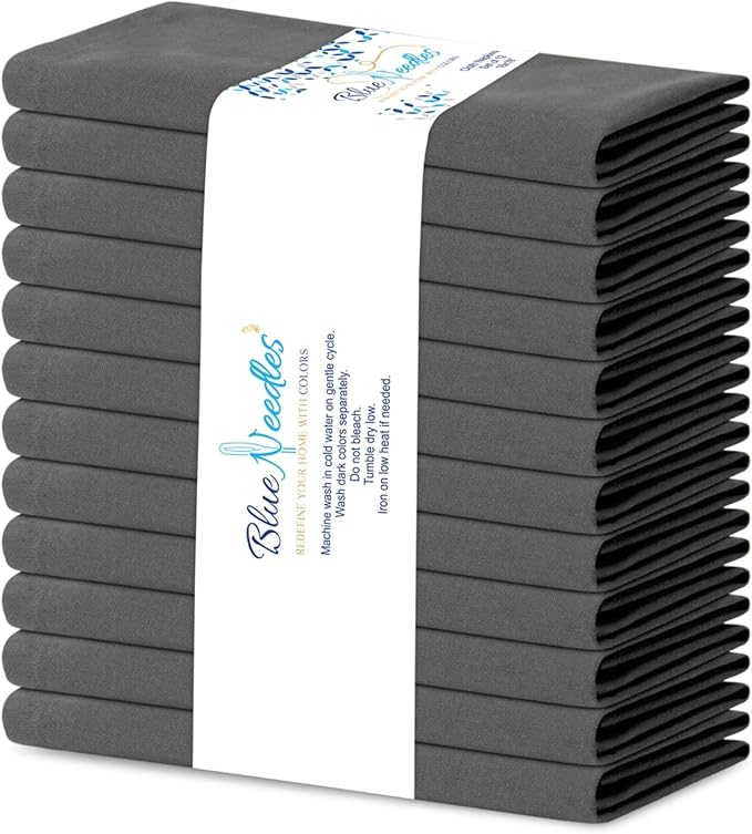 Blue Needles Solid Cloth Napkins Set of 12 Grey 100% Cotton Dinner Napkins 18x18 inches - Soft, Reusable, Absorbent & Washable Linen, Ideal for Wedding Events, Parties & Everyday Use