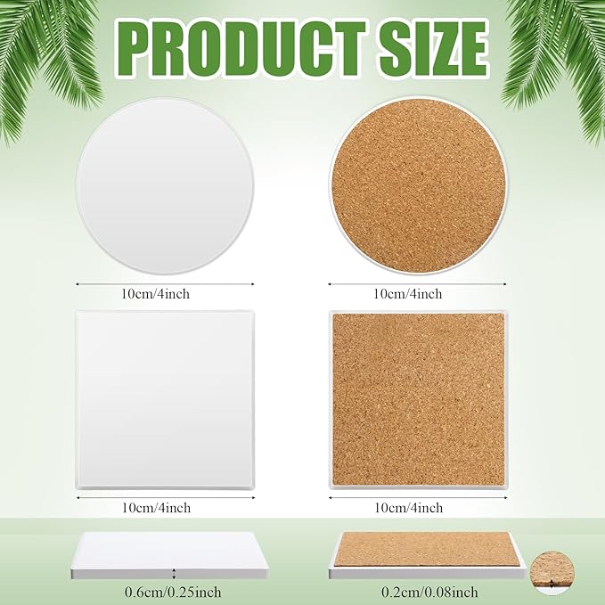 Zopeal 48 Pcs Ceramic Tiles for Crafts Coasters Include Unglazed White Ceramic Tiles with Cork Backing Pads Use with Alcohol Ink Acrylic Pouring for DIY Project Gift (Square)