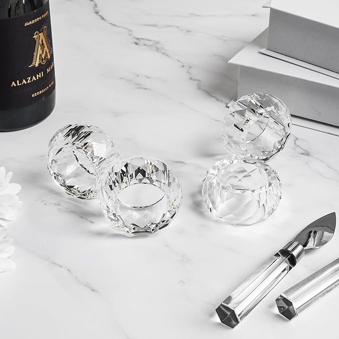Crystal Napkin Rings Holders - 2 Inch Set of 4, Party Wedding Set Christmas Decorations for Table Dinner