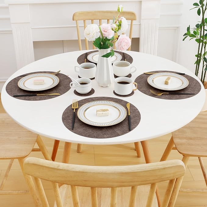 Homaxy Round Faux Leather Placemats and Coasters, Washable Dual-Side Table Mats, Wipeable Heat-Resistant Dining Place Mats for Outdoor and Indoor, Set of 4, Diameter 13 and 3.93 inch, Dark Brown