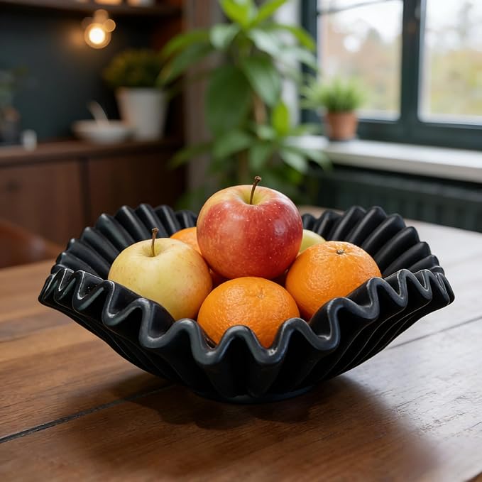 Large Decorative Bowl decor, Scalloped Pedestal Bowls for Modern Home Decor,Ruffle Decor,Stylish Key Bowl for Entry Table,Decorative Fruit Bowl for Kitchen Counter,Black
