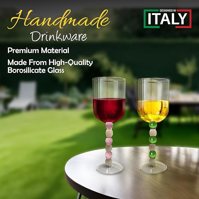 Gusto Buono 10.1oz Stemmed Wine Glass Set of 4 – Pink/White & Green/White Stem Handmade Glasses | Heat-Resistant, Dishwasher & Microwave Safe, Perfect for White & Red Wine, Dining, Parties, & Gifts