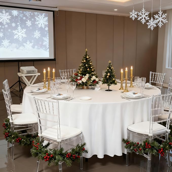 12 Pack White Round Tablecloth 108 Inch White Table Cloth Stain and Wrinkle Resistant Round White Tablecloths Reusable and Washable Polyester Fabric Table Covers for Buffet Wedding Party and Banquet