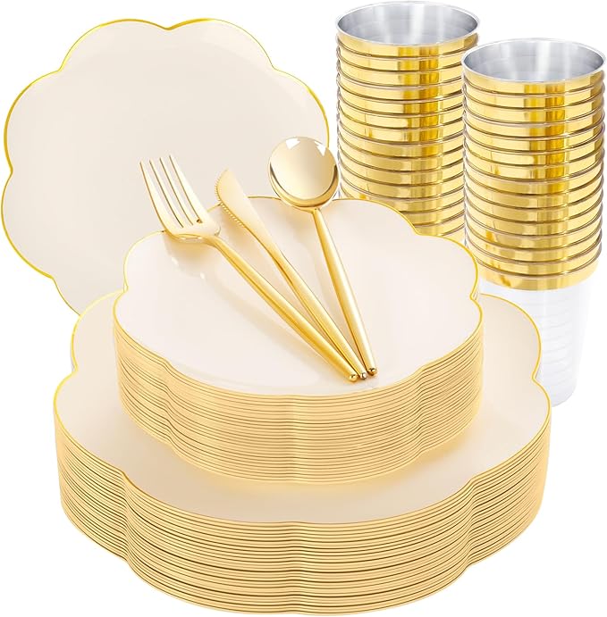EI 180pcs Beige Plastic Plates with Gold Plastic Silverware,Heavy-Duty Disposable Plates for Party,Beige Dinnerware Set for 30 Guest Wedding,Afternoon Tea,Spring,Mother's Day,Valentine's Day,Easter
