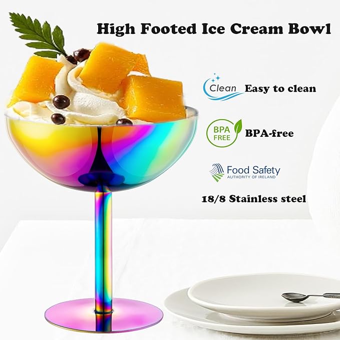 Ice Cream Bowls Stainless Steel Dessert Cups with Spoons Reusable Footed Sundae Cups Ice Cream Cups for Dessert, Frozen Yogurt, Gelato, Birthday Party Decorations (1, Colorful)