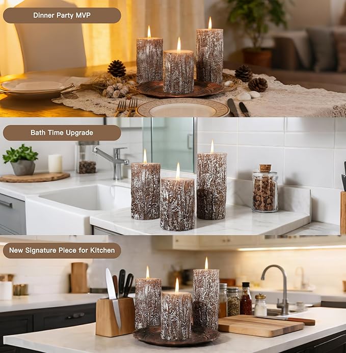 Classic Pine Tree Bark Texture Pillar Candles Set - Real Wax 3 Sizes (4", 5", 6" Tall) Rustic Decor Fireplace Candles, Unscented Woodland Style Pillar Candle for Home, Dining Table, Holiday Decor