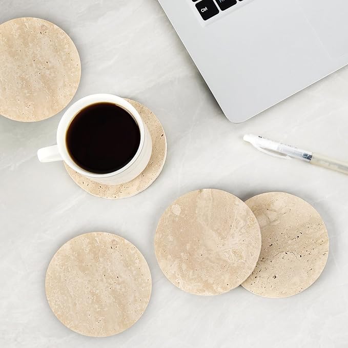 Italian Travertine Coasters Set of 5 with Holder, Round Beige Marble Drink Coasters for Coffee Table Decor Housewarming Gift, Unique Natural Stone Absorbent Coaster for Surface Protection