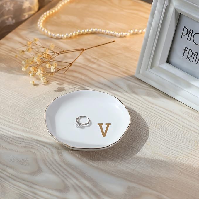 Initials Ring Dish Jewery Tray with Personalized V-Monogrammed Gifts Wedding Engagement for Women Friends Sister,Ceramic White