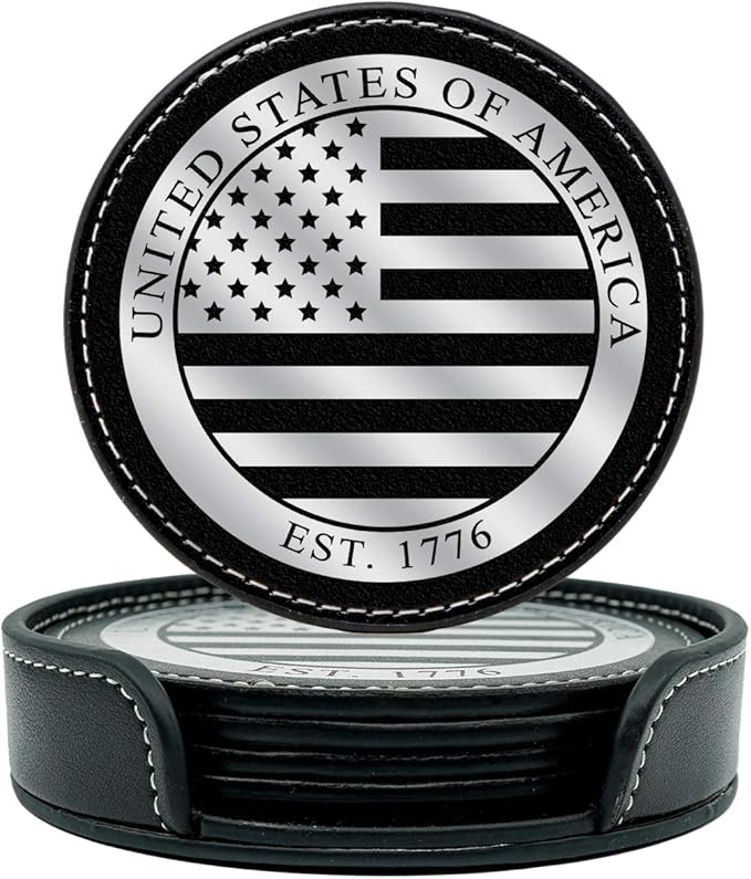 Premium American Flag Leather Coasters Set with Foil Stamped Logo - 4 USA Drink Coasters for Home, Bar Office | Flag Leather Coasters