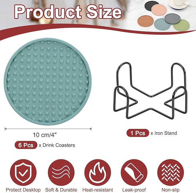 uxcell Set of 6 Round Drink Coasters with Holder, 4" Silicone Coaster for Drinks Non-Slip Cup Coaster Heat Resistant Glass Cushion for Bar Kitchen Office Decor, Light Blue(Pentagon)