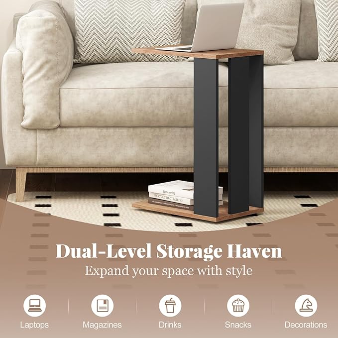 Giantex Rolling C Shaped End Table, 2-Tier Sofa Side Table with Universal Wheels & Storage Shelf, Narrow Nightstand for Small Space, Mobile Snack Couch Tray Table for Living Room & Bedroom