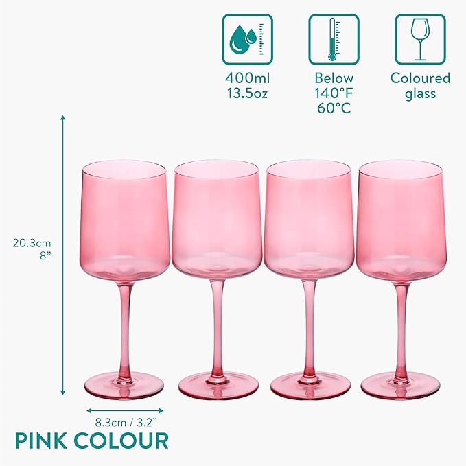 Navaris Pink Stemmed Wine Glasses - Set of 4 - Coloured Wine Glasses with Stems - Stylish Design Glassware for Serving Wine, Cocktails, Dessert