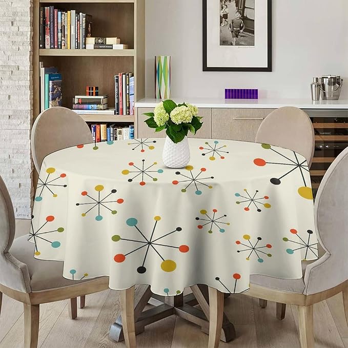 Medieval Round Tablecloth, Boho Mid Century Abstract Modern Retro Colors Pattern Tablecloth for Home Party Dining Room Kitchen Decor 60Inch(152cm)