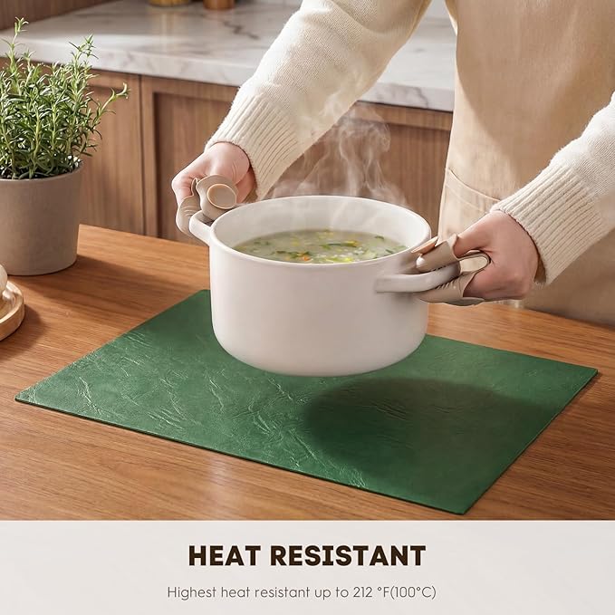 Artoid Mode Green Faux Leather Placemats Set of 6, 12x18 Inch Waterproof Wipeable Heat Resistant Vinyl Place Mats, Reversible Table Mats for St. Patrick's Day Dining Decor