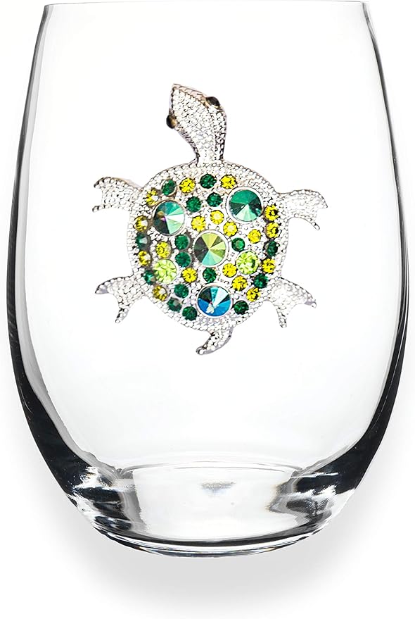 THE QUEENS' JEWELS Turtle Jeweled Stemless Wine Glass, 21 oz. - Colorful and Unique - Hand-Set Rhinestones, Not Painted