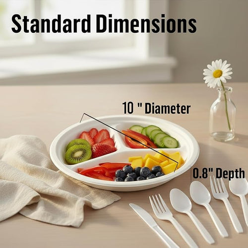 3 Compartment Compostable Heavy Duty Disposable Paper Plates, 150 Count | 10 Inch Round | Natural Bagasse, White Biodegradable Eco-Friendly School Lunch, Buffet, Party Sugarcane Tray
