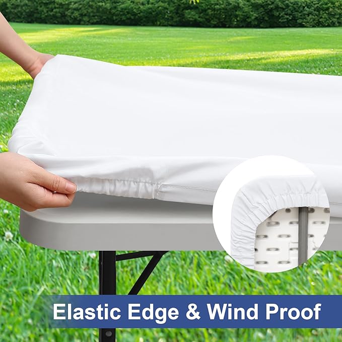 homing 2 Pack Rectangle Table Cloth, Elastic Fitted Fabric Tablecloth Fits for 4 Foot Folding Tables, Washable Table Cover for Picnic, Camping, Indoor & Outdoor (White, 30" x 48")