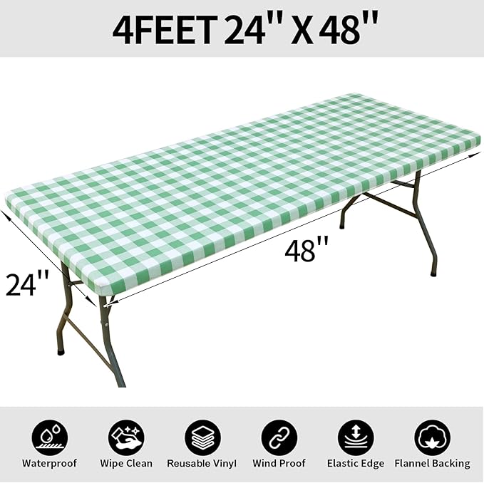 Smiry Rectangle Picnic Table Cloth, Elastic Waterproof Fitted Vinyl Tablecloths, Flannel Backed Buffalo Plaid Table Covers for Dining, Camping, Outdoor (Sage Green and White, 24" x 48")