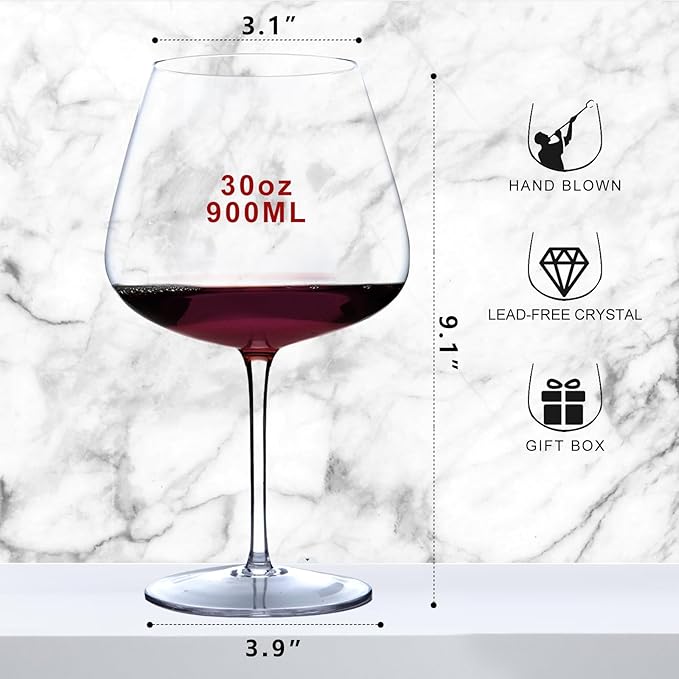 Super Large 30OZ Wine Glasses-Hand Blown Crystal Giant Wine Glasses, Big Burgundy Glasses Oversized, Red White Wine,Luxury, Elegant, Ideal Gift for Women,Men,Christmas,Anniversary,Birthday (Pack of 2)