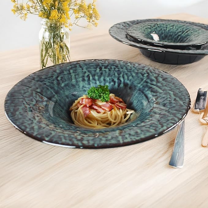 Ceramic Pasta Bowls, 6.8 oz Pasta Plates, Reactive Glaze Pasta Bowl Set of 4, Large Wide Serving Bowls for Salad, Dessert, Fruit, Microwave & Dishwasher, Oven Safe