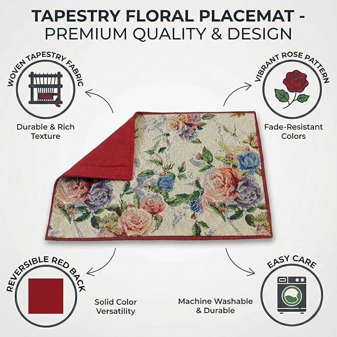 DaDa Bedding Vintage Romantic Roses Floral Dining Table Placemats - Set of 4-Pieces Tapestry Lovely Valentine Blossoms Spring Summer Garden - Decorative Linen Woven Kitchen Mats - 13” x 19” (879)