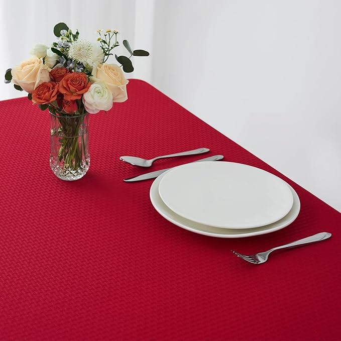 maxmill Rectangle Tablecloth Weaved Design Water Resistant Wrinkle Free Spill-Proof Soft Table Cloth for Dining Room Decoration, Banquet, Christmas Holiday Dinner, 52 x 84 Inch, Red