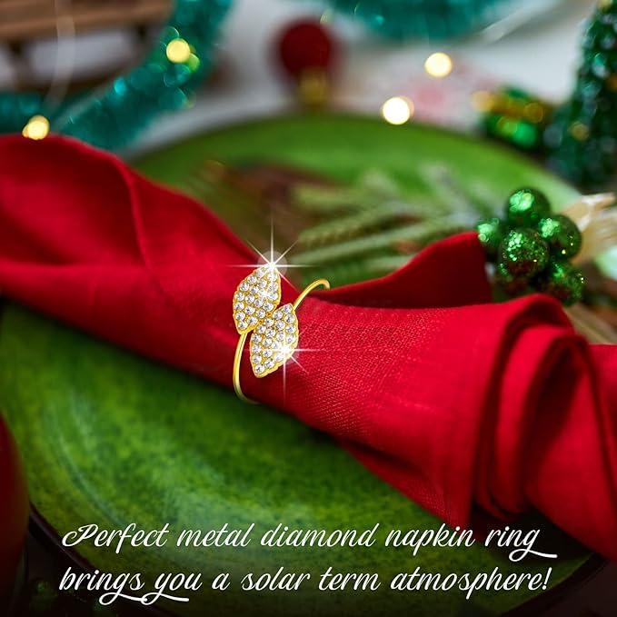 Hotop 300 Pcs Valentine's Day Napkin Rings Gold Table Decorations, Elegant Bling Leaves Napkin Rings, Rhinestone Guest Towels Buckle for Holiday Gather Party, Wedding Dinner Banquet Table Decoration