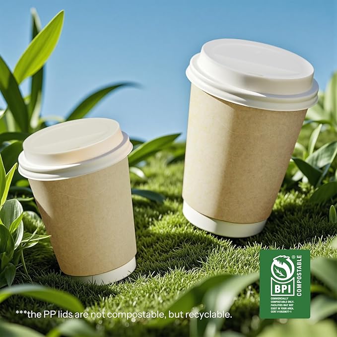 Paper Coffee Cups with Lids 12 oz Compostable Hot Cups,50 Pack Insulated Paper Cups with Lids, BPI Certified Natural Kraft To Go Coffee Cups Disposable for Office Coffee Bar Supplies Togo Travel Home