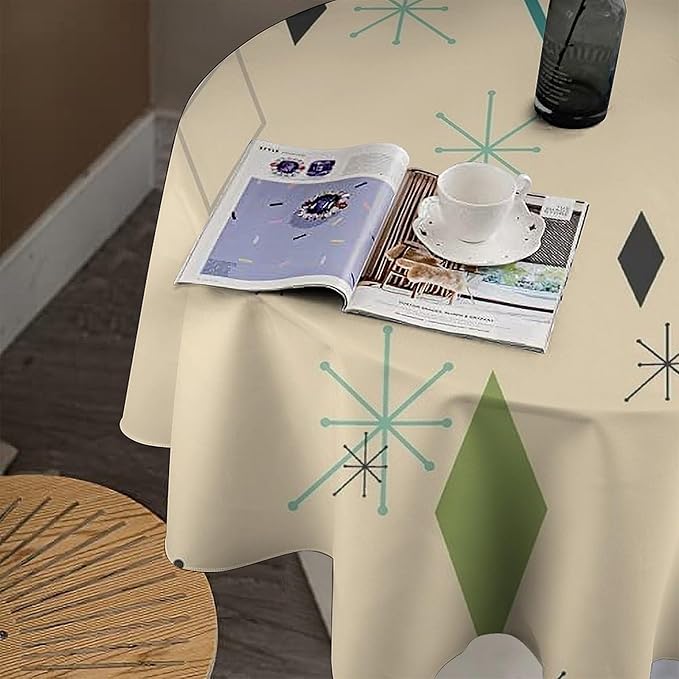 Colorful Middle Century Round Tablecloth, Vintage Bohemian Mid Century Modern Retro Print Tablecloth for Home Party Dining Room Kitchen Decor 50Inch(127cm)