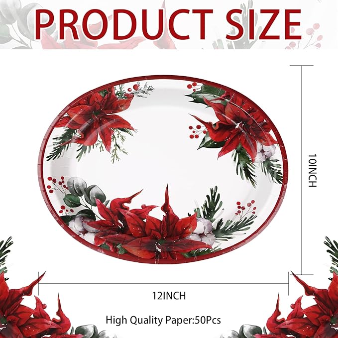 50 Pcs Christmas Oval Plates 10" x 12" Large Disposable 400 GSM Heavy Duty Red Poinsettia Floral Paper Dessert Plates Christmas Birthday Party Decorations for Festive Xmas Theme Dinner Party Supplies