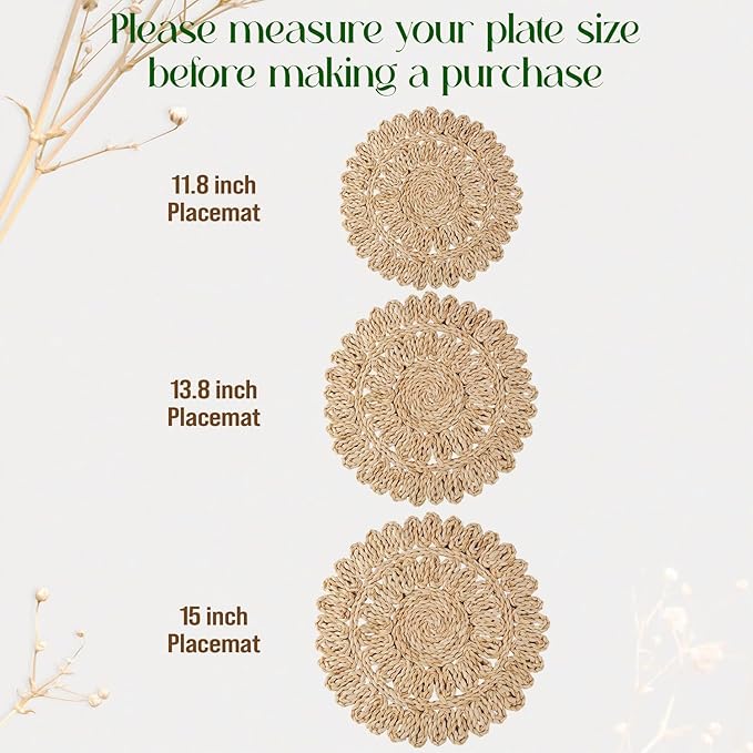 13.8" Corn Husk Woven Round Placemats Set of 12 - Wicker Boho Farmhouse Placemats - Rattan Table Mats Like Water Hyacinth for Dining Table, Wedding, Home, Christmas, Party