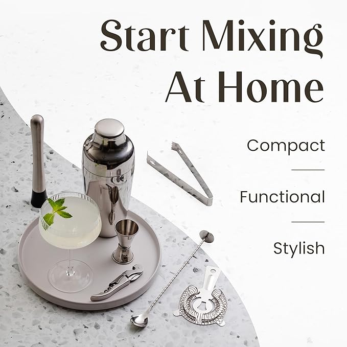 Mixology & Craft Cocktail Shaker Set with Dark Bamboo Stand - Professional 10-Piece Bartender Kit - Complete Bar Set & Cocktail Mixer Kit for Home (Silver)