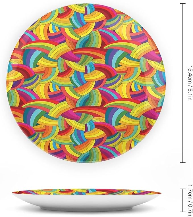 Ceramic Display Plate, Abstract Decor Ceramic Hanging Decorative Plate, Colorful Rainbows Wheels Spiral Wavy Fashionable, 10 Inch, Living Room Kitchen Decoration Household, Multy