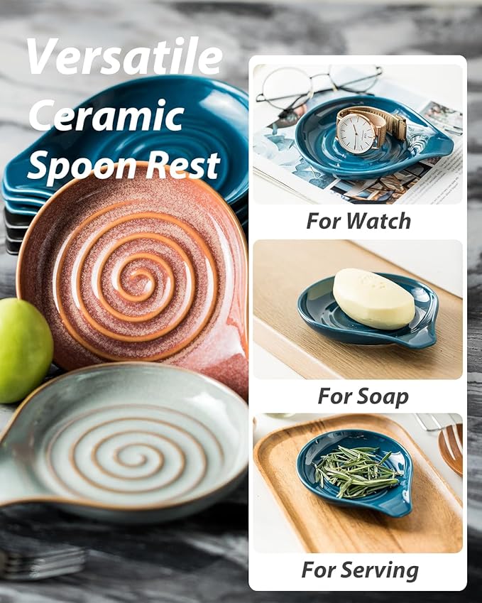 LAUCHUH Spoon Rest for Stove Top, Ceramic Spoon Holder for Kitchen Countertop, Large Cooking Utensil Rest for Spatula, Spoons or Tongs, Framhouse Decor, Blue, 5 Inches