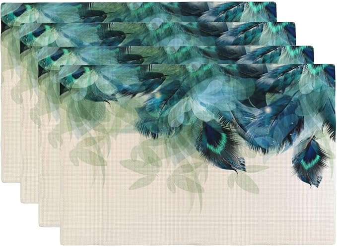 Teal Peacock Feathers Placemats Set of 4 Beautiful Blue Turquoise Floral Linen Washable Place Mats Kitchen Dining Green Leaf Heat-Resistant Desktop Decor Table Mats 12x18 Inch