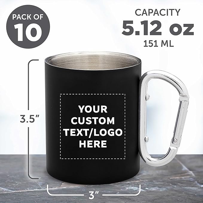 Custom Stainless Steel Mugs with Carabiner Handle 10 oz. Set of 10, Personalized Bulk Pack - Perfect for Coffee, Soda, Other Hot & Cold Beverages - Black