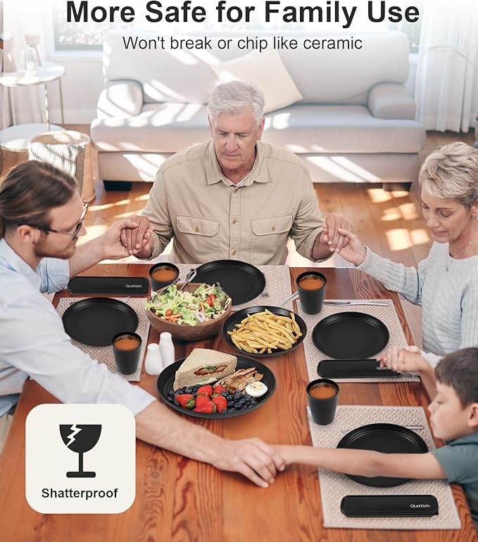 Quatish 16 Piece Plates and Bowls Sets for 4, Unbreakable Dinnerware Sets, Plastic Dish Set for Camping, Dishwasher Microwave Safe, Outdoor Kitchen and Apartment Dinning RV Essentials, Black